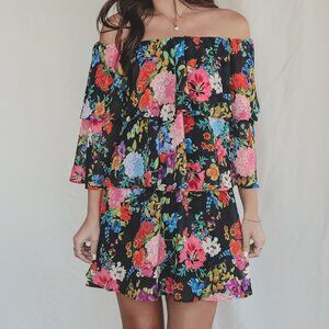 AMAZING LACE SHOW ME YOUR MUMU Triple Decker Black Floral Chiffon Romper Dress